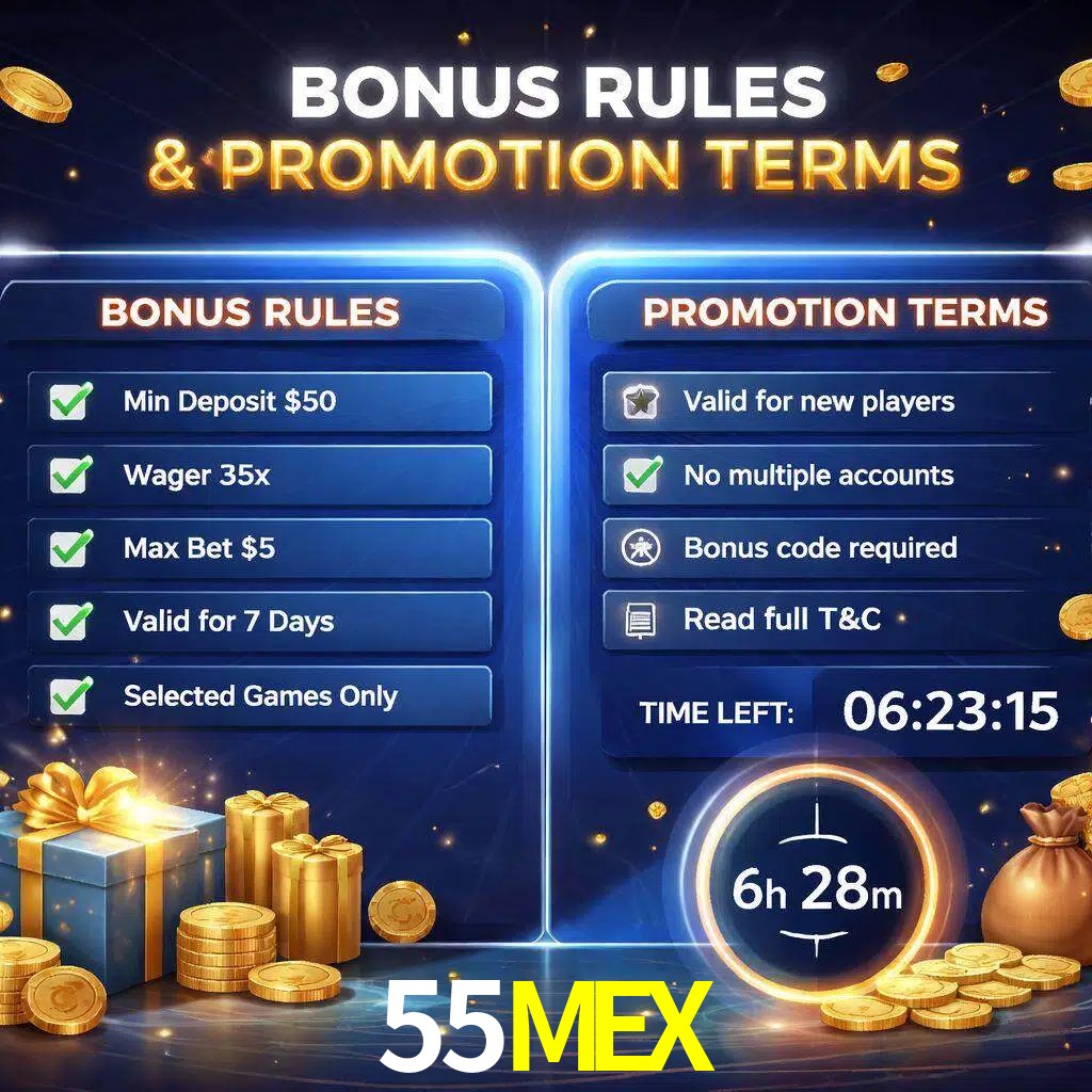 Reglas de promoción 55MEX y condiciones de bonos explicadas visualmente