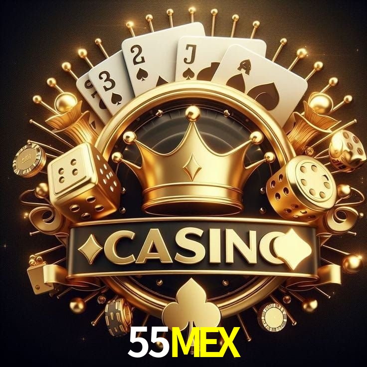 Escena dinámica inspirada en casino con iluminación 55MEX, cartas, fichas e íconos de juegos digitales en un espacio moderno de juegos.
