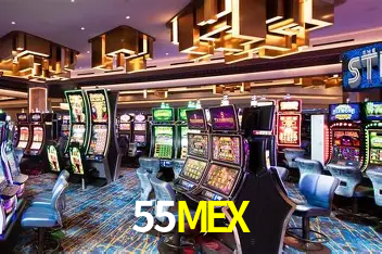 Una escena digital vívida inspirada en casino con 55MEX mostrado prominentemente, luces brillantes, fichas, cartas y acentos dorados.