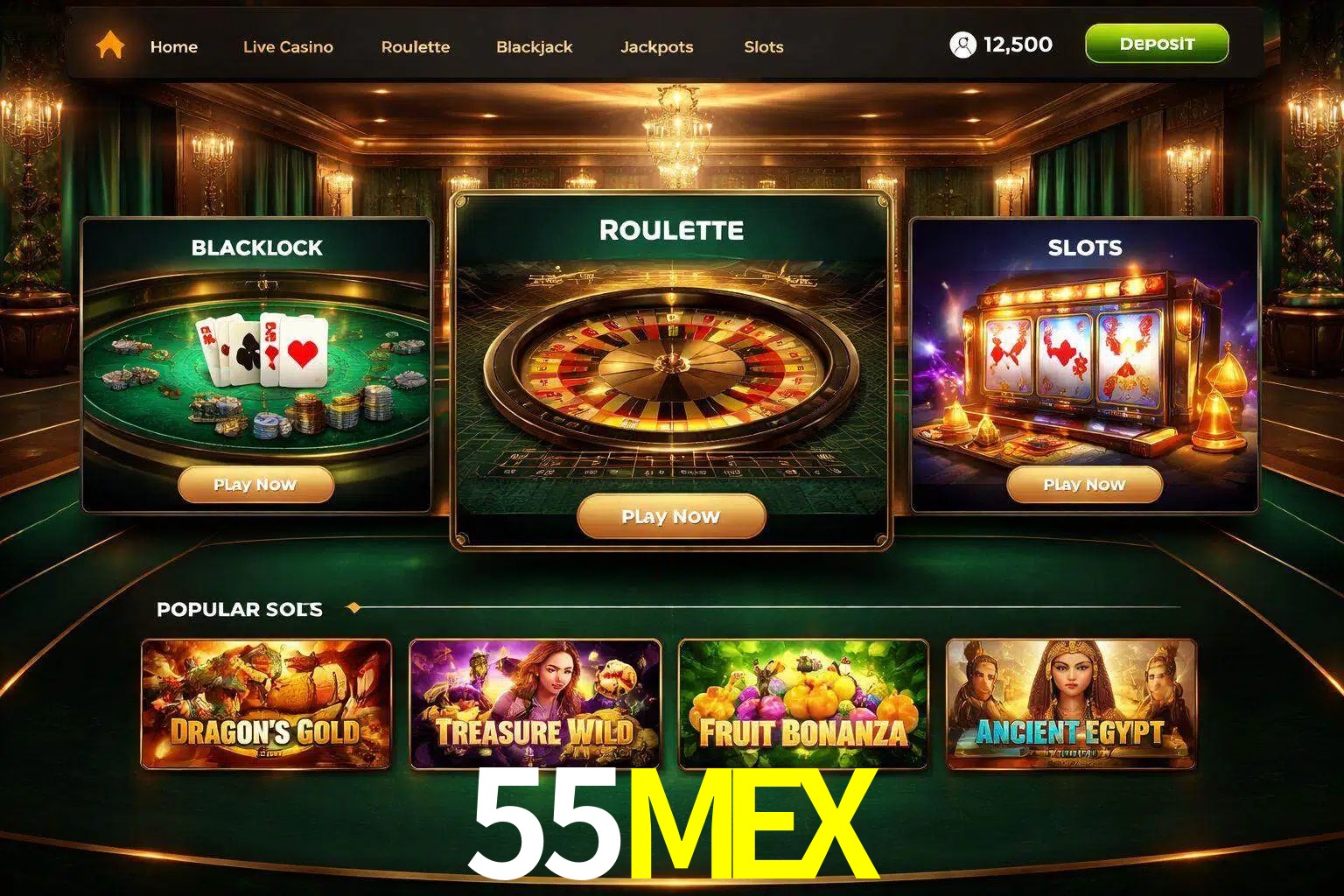 Vista de la plataforma 55MEX Casino mostrando categorías organizadas de juegos en línea