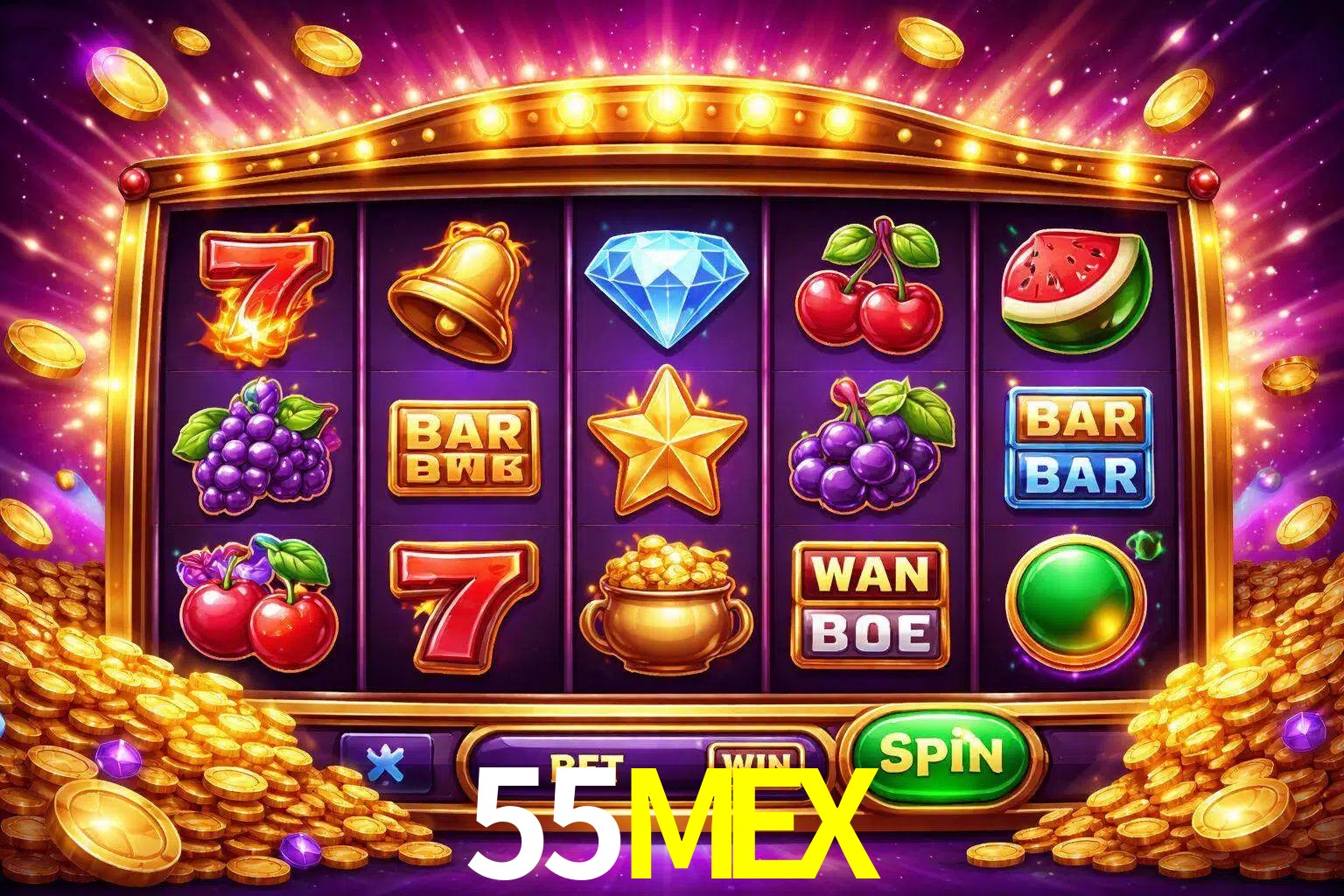 Una interfaz colorida de tragamonedas en línea con símbolos brillantes, monedas y un efecto de victoria celebratoria en 55MEX.