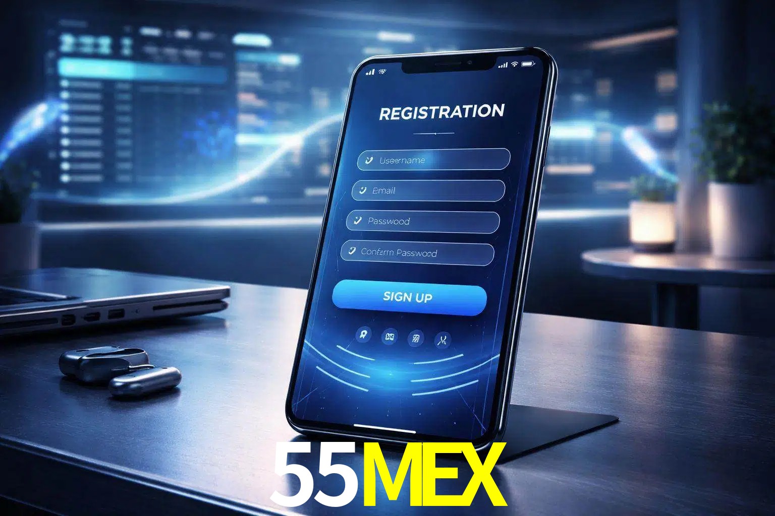 Una interfaz moderna de registro móvil para 55MEX mostrada en un smartphone con un panel de apuestas elegante.